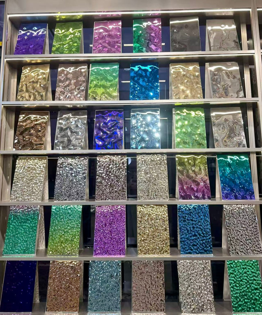 Coloured Water Ripple Stainless Steel on shelfs 