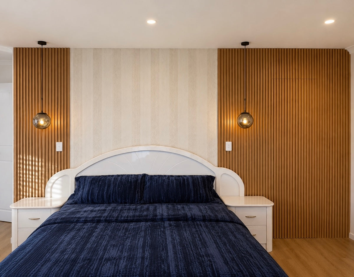 Slat panel and duoform in bedroom