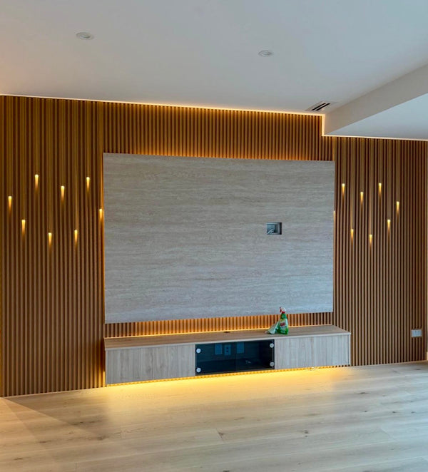  Slat Panels with Integrated Drop Lighting TV Wall 