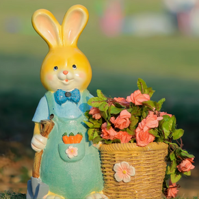 Cute bunny carrying shovel and flowers