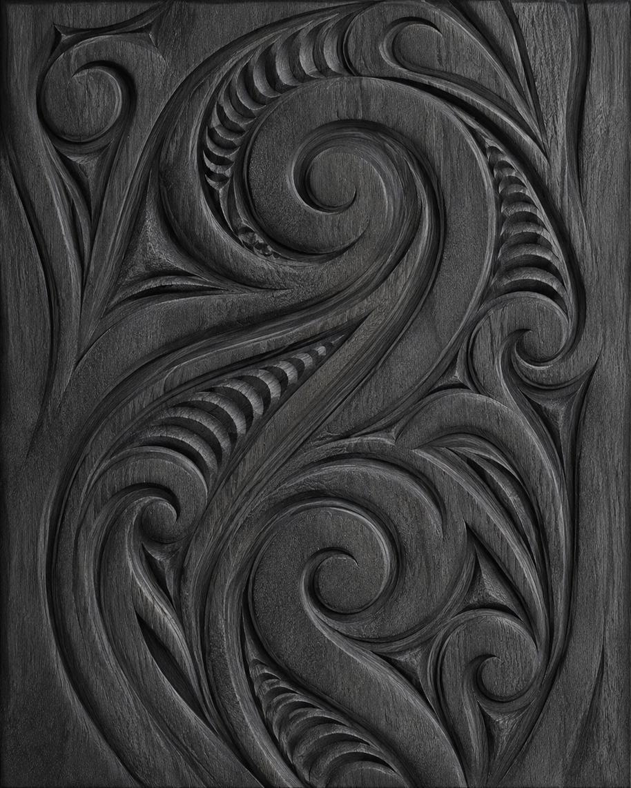 carved maori koru wood panel
