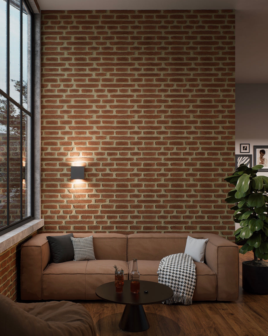 faux brick wall panel used as a feature wall in interior 