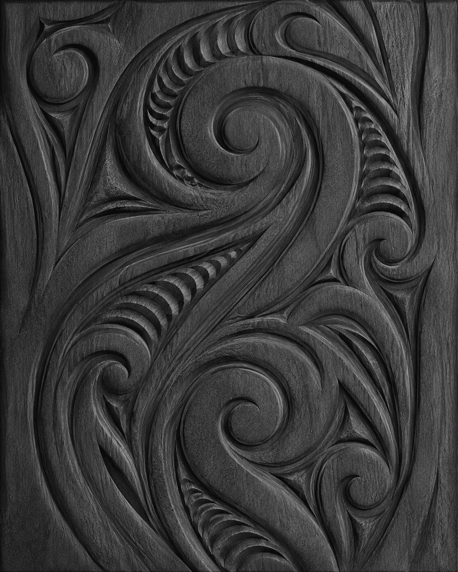 carved maori koru wood panel