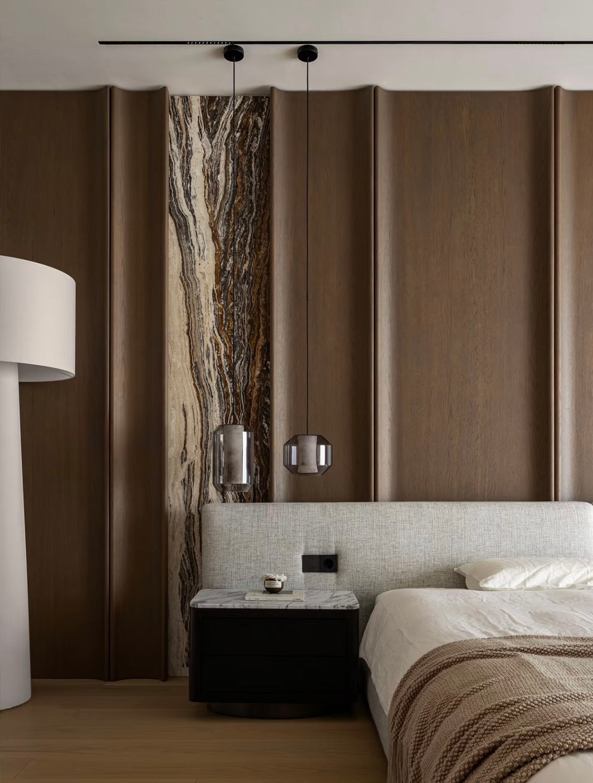 Bedroom Feature Wall with Marble and Wood