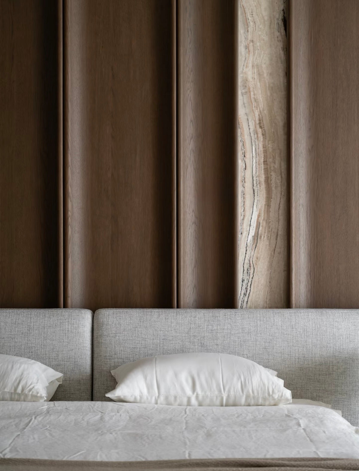 Bedroom Feature Wall with Marble and Wood